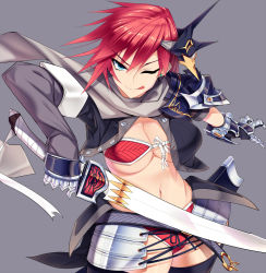 Rule 34 | 1girl, ;p, bikini, black footwear, blue eyes, boots, bra, cowboy shot, dragonmaterial, earrings, front-tie top, grey background, holding, holding sword, holding weapon, jewelry, looking at viewer, one eye closed, panties, red bra, red hair, red panties, short hair, simple background, solo, standing, stud earrings, swimsuit, sword, thigh boots, thighhighs, tongue, tongue out, underwear, weapon, wink