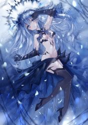 Rule 34 | 1girl, absurdres, arm up, black footwear, black gloves, black thighhighs, blue eyes, blue hair, blush, breasts, commentary, date a live, elbow gloves, gloves, hair between eyes, high heels, highres, long hair, looking at viewer, medium breasts, navel, parted lips, revealing clothes, shoes, solo, symbol-only commentary, tandohark, thighhighs, tobiichi origami, very long hair