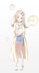Rule 34 | 1girl, absurdres, bubble, camisole, denim, denim shorts, earrings, expressionless, full body, gakuen idolmaster, gradient hair, grey hair, hair ornament, hairclip, highres, idolmaster, interlocked fingers, jacket, jewelry, long hair, looking at viewer, multicolored hair, open clothes, open jacket, orange eyes, own hands together, parted lips, shinosawa hiro, shorts, skinny, solo, stud earrings, tibisuke, white camisole