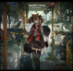 Rule 34 | 1girl, absurdres, angelina (arknights), animal ears, arknights, artist name, bag, bird, black gloves, black skirt, black thighhighs, breasts, brown eyes, brown hair, bus interior, chinese commentary, commentary, cowboy shot, earpiece, english text, fire extinguisher, fox ears, gloves, hairband, hand grip, handbag, handrail, highres, letterboxed, looking at viewer, medium hair, miniskirt, plant, red vest, road sign, scenery, seat, shirt, shoulder bag, sign, skirt, small breasts, solo, suitcase, thighhighs, twintails, vest, vines, warning sign, white shirt, zettai ryouiki, zzz (orchid-dale)