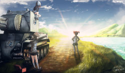 Rule 34 | 10s, 2017, 3girls, aki (girls und panzer), black hair, brown hair, bt-42, cloud, commentary, dated, dirt road, girls und panzer, grass, hand on own chin, hands on own hips, hat, hill, horizon, jinguu (4839ms), light rays, long hair, looking afar, mika (girls und panzer), mikko (girls und panzer), military, military vehicle, motor vehicle, multiple girls, new year, on vehicle, river, road, school uniform, short hair, short twintails, signature, sitting, sky, sunlight, sunrise, tank, toolbox, track suit, twintails, twitter username, vanishing point, wrench