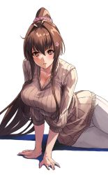 Rule 34 | 1girl, blush, breasts, brown eyes, brown hair, brown sweater, cherry blossoms, cleavage, flower, hair flower, hair ornament, highres, kantai collection, large breasts, long hair, looking at viewer, open mouth, pants, ponytail, ribbed sweater, seven (shijima), simple background, solo, sweater, white background, white pants, yamato (kancolle)