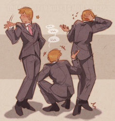 Rule 34 | 1boy, blah blah blah, blonde hair, buttoned cuffs, buttons, closed eyes, closed mouth, commentary, english commentary, english text, facing away, formal, from behind, full body, grey pants, grey suit, hand on own neck, hand up, highres, impact (font), long sleeves, male focus, mob psycho 100, mp100days, multiple views, necktie, pants, pink necktie, reigen arataka, short hair, simple background, smile, speech bubble, squatting, standing, suit