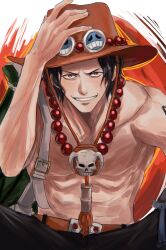 Rule 34 | 1boy, absurdres, bag, belt, bin (binonep), black hair, black shorts, commentary request, freckles, hand on headwear, hat, highres, jewelry, korean commentary, looking at viewer, male focus, necklace, one piece, orange belt, orange hat, pearl necklace, portgas d. ace, short hair, shorts, shoulder bag, smile, solo, topless male