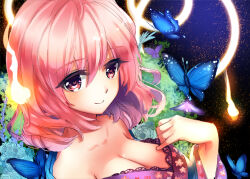 Rule 34 | 1girl, breasts, bug, butterfly, cleavage, closed mouth, collarbone, commentary request, hair between eyes, heart, heart-shaped pupils, insect, large breasts, looking at viewer, nagare, pink eyes, pink hair, saigyouji yuyuko, short hair, sky, smile, solo, star (sky), starry sky, symbol-shaped pupils, touhou, upper body