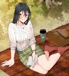 Rule 34 | 1girl, alternate costume, aran sweater, bespectacled, black hair, blush, book, breasts, brown eyes, cable knit, chikuma (kancolle), cup, day, glasses, green skirt, hair between eyes, highres, holding, holding book, jewelry, kantai collection, large breasts, long hair, looking at viewer, necklace, outdoors, picnic, picnic basket, plaid, plaid skirt, red socks, shishanmo, skirt, smile, socks, solo, sweater, tree, tree shade, white sweater