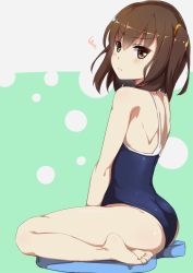 Rule 34 | &gt;:(, 1girl, annoyed, ass, back, barefoot, between legs, blue one-piece swimsuit, blush, brown eyes, brown hair, closed mouth, competition school swimsuit, feet, from side, frown, full body, green background, grey background, hair between eyes, hair tie, hand between legs, highres, jitome, kickboard, legs, looking at viewer, looking back, matching hair/eyes, one-piece swimsuit, original, polka dot, polka dot background, school swimsuit, short hair, simple background, sitting, sitting on object, sketch, soles, solo, sorano (12gou), squiggle, swimsuit, thighs, two-tone background, two side up, v-shaped eyebrows, v arms, wariza