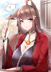 Rule 34 | 1girl, ?, absurdres, amagi (azur lane), animal ear fluff, animal ears, azur lane, breasts, brown hair, cleavage, cloud, coat, collar, collarbone, ear down, flower, fox ears, fox girl, fox tail, hair flower, hair ornament, highres, holding, holding paintbrush, japanese clothes, kimono, kitsune, large breasts, metal collar, paint on body, paintbrush, purple eyes, purple kimono, red coat, samip, slit pupils, solo, spoken question mark, tail, tree