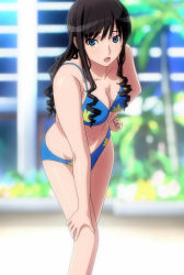 Rule 34 | 1girl, absurdres, amagami, bikini, black hair, blue bikini, blue eyes, blush, breasts, cleavage, collarbone, drill hair, hand on own hip, highres, hip focus, leaning, leaning forward, long hair, morishima haruka, navel, open mouth, outdoors, screencap, solo, standing, stitched, swimsuit, third-party edit