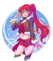 Rule 34 | 1girl, absurdres, alternate costume, belt, casual, choker, commentary request, crop top, cropped jacket, fur trim, glasses, green eyes, highres, iesupa, jacket, long hair, midriff, navel, open clothes, open jacket, ponytail, pyrrha nikos, red hair, rwby, short shorts, shorts, solo