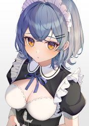 Rule 34 | 1girl, absurdres, bad id, bad pixiv id, belt buckle, black dress, blue eyes, blue hair, blue ribbon, breasts, buckle, cleavage, cleavage cutout, clothing cutout, commentary request, crossed bangs, dress, eyelashes, hair ornament, hairclip, highres, looking at viewer, maid, maid headdress, medium breasts, neck ribbon, original, puffy short sleeves, puffy sleeves, ribbon, short hair, short sleeves, simple background, solo, upper body, usamochi., white background, yellow eyes