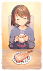 Rule 34 | 1other, androgynous, artist name, bob cut, brown hair, closed mouth, cup, closed eyes, facing viewer, food, frisk (undertale), long sleeves, parted lips, pie, pie slice, plate, shirakino, short hair, sitting, solo, steam, sweater, table, undertale