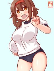 Rule 34 | 1girl, alternate costume, artist logo, ball, blue buruma, breasts, brown eyes, brown hair, buruma, cowboy shot, dated, gym shirt, gym storeroom, gym uniform, hairband, kanon (kurogane knights), kantai collection, looking at viewer, low twintails, medium breasts, one-hour drawing challenge, open mouth, red hairband, shiratsuyu (kancolle), shirt, short hair, short sleeves, simple background, smile, solo, twintails, volleyball, volleyball (object), white background, white shirt