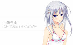 Rule 34 | 1girl, blue eyes, blush, breasts, character name, cleavage, culture japan, hair ornament, highres, iizuki tasuku, lips, one-piece swimsuit, parted lips, shirasawa chitose, silver hair, small breasts, solo, swimsuit, wallpaper, white one-piece swimsuit