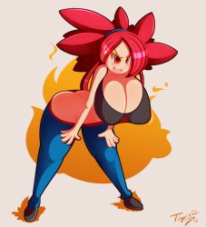Rule 34 | 1girl, blush, breasts, cleavage, creatures (company), female focus, flannery (pokemon), game freak, gym leader, huge breasts, leaning forward, long hair, midriff, navel, nintendo, open mouth, pokemon, ponytail, puffy nipples, red eyes, red hair, solo, standing, tiger1001, tongue