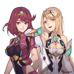 Rule 34 | 2girls, bare legs, bare shoulders, black gloves, blonde hair, breasts, chest jewel, cleavage cutout, clothing cutout, dress, earrings, elbow gloves, fingerless gloves, gem, gloves, headpiece, jewelry, large breasts, long hair, multiple girls, mythra (xenoblade), nintendo, phrecklesart, pyra (xenoblade), red eyes, red hair, red shorts, short dress, short hair, shorts, smash invitation, super smash bros., swept bangs, thigh strap, tiara, very long hair, white dress, white gloves, xenoblade chronicles (series), xenoblade chronicles 2, yellow eyes