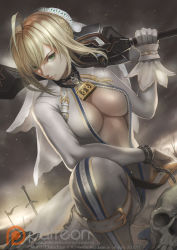 Rule 34 | 10s, 1girl, aestus estus, ahoge, battlefield, belt, blonde hair, bodysuit, breasts, center opening, chain, cleavage, closed mouth, dutch angle, fate/extra, fate/extra ccc, fate (series), gloves, green eyes, grey sky, holding, holding sword, holding weapon, large breasts, lips, lock, looking at viewer, nero claudius (bride) (fate), nero claudius (fate), nero claudius (fate) (all), omeno (digitalome), over shoulder, padlock, patreon logo, skin tight, skull, sky, solo, squatting, sword, sword over shoulder, unzipped, veil, watermark, weapon, weapon over shoulder, zipper