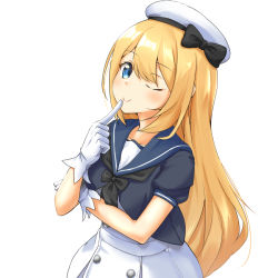 Rule 34 | 1girl, blonde hair, blue eyes, blue sailor collar, commentary, cowboy shot, dress, finger to mouth, gloves, hat, jervis (kancolle), kantai collection, long hair, looking at viewer, one eye closed, sailor collar, sailor dress, sailor hat, short sleeves, simple background, smile, solo, white background, white dress, white gloves, white hat, yumemi kusamochi