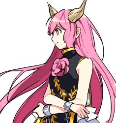 Rule 34 | 1girl, black tabard, chain, closed mouth, commentary request, cuffs, flat chest, flower, handcuffs, horns, ibaraki douji (touhou), kaigen 1025, long hair, pink eyes, pink flower, pink hair, rose, simple background, skirt, solo, tabard, touhou, white background, white skirt