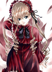 Rule 34 | 00s, 1girl, :d, arm up, blonde hair, bonnet, capelet, cowboy shot, dress, drill hair, hair between eyes, looking to the side, open mouth, parted lips, raid slash, red dress, ribbon, rozen maiden, shinku, sidelocks, smile, solo, twin drills, twintails