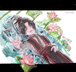 Rule 34 | 1boy, aged down, black hair, child, chinese clothes, flower, hair ribbon, highres, hozuhakusai, letterboxed, liquid, long hair, long sleeves, looking at viewer, lotus, lying on water, male focus, modao zushi, open mouth, outstretched hand, parted bangs, ponytail, red ribbon, ribbon, solo, very long hair, wei wuxian, wide sleeves