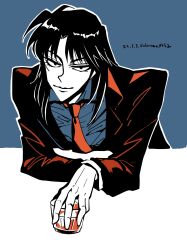 Rule 34 | 1boy, black eyes, black hair, blue shirt, closed mouth, commentary request, cup, dated, formal, highres, holding, holding cup, ichijou seiya, kaiji, limited palette, long hair, long sleeves, looking at viewer, male focus, necktie, outline, red necktie, shirt, smile, solo, suit, twitter username, unknown03162, upper body, white outline