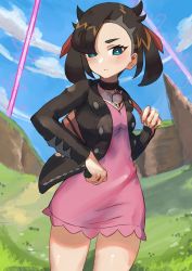 Rule 34 | 1girl, absurdres, aqua eyes, asymmetrical bangs, black choker, black hair, black jacket, blush, breasts, choker, cloud, commentary request, creatures (company), day, dress, dusk ball, game freak, grass, hair ribbon, highres, holding, holding poke ball, jacket, long sleeves, looking at viewer, marnie (pokemon), medium hair, nintendo, open clothes, outdoors, pink dress, poke ball, pokemon, pokemon swsh, red ribbon, ribbon, sky, solo, taruto (takug0812), twintails