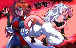 Rule 34 | 2girls, android 21, artist logo, ass, blue eyes, boots, character name, colored skin, cupcake, darkereve, deviantart username, dragon ball, dragon ball fighterz, dual persona, earrings, food, glasses, harem pants, high heel boots, high heels, highres, hoop earrings, jewelry, kneeling, lab coat, looking at viewer, majin (race), majin android 21, messy hair, multiple girls, nail polish, pants, pantyhose, pink skin, red eyes, resolution mismatch, source smaller, tail