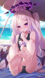 Rule 34 | 1girl, ass, barefoot, beach, blue archive, blue sky, blurry, cloud, cloudy sky, collarbone, commentary request, demon horns, demon wings, depth of field, feet, foot focus, fukemachi, hair ornament, hairclip, highres, hina (blue archive), hina (swimsuit) (blue archive), horizon, horns, long hair, looking at viewer, name tag, old school swimsuit, purple eyes, school swimsuit, sidelocks, silver hair, sitting, sky, soles, solo, swimsuit, toes, translation request, two side up, wet, wet clothes, whistle, whistle around neck, wings
