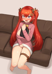 Rule 34 | 1girl, absurdres, babekyu, blush, breasts, cleavage, couch, fang, female masturbation, highres, large breasts, last origin, male underwear, masturbation, may of doom, red hair, sitting, solo, surprised, sweater, tagme, thigh strap, thighs, twintails, underwear