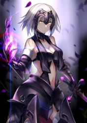 Rule 34 | 1girl, armor, armored dress, aura, bare shoulders, black dress, breasts, cleavage, clothing cutout, commentary request, dress, falling petals, fate/grand order, fate (series), faulds, fur trim, gauntlets, headpiece, highres, holding, holding sword, holding weapon, jeanne d&#039;arc (fate), jeanne d&#039;arc alter (avenger) (fate), jeanne d&#039;arc alter (avenger) (third ascension) (fate), jeanne d&#039;arc alter (fate), karlwolf, large breasts, looking at viewer, magic, navel, navel cutout, petals, short hair, silver hair, standing, sword, thighhighs, weapon, yellow eyes