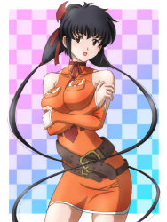 Rule 34 | 00s, 1girl, bare shoulders, belt, black hair, blush, breast hold, breasts, brown eyes, crossed arms, detached sleeves, final fantasy, final fantasy unlimited, fujii satoshi, impossible clothes, large breasts, lisa pacifist, long hair, looking at viewer, open mouth, ribbon, solo