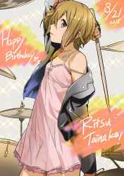 Rule 34 | 1girl, 2015, absurdres, akechi shizuku, brown eyes, brown hair, character name, cymbals, dated, dress, drum, drumsticks, gradient background, happy birthday, highres, instrument, k-on!, panties, ribbon-trimmed clothes, ribbon trim, see-through, short hair, solo, tainaka ritsu, underwear, white panties