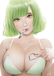 Rule 34 | 1girl, absurdres, artist name, bare arms, bare shoulders, bikini, blunt bangs, bob cut, bodypaint, breasts, cleavage, collarbone, fingernails, glasses, green bikini, green eyes, green hair, head tilt, heart, highres, large breasts, lips, looking at viewer, marker, mouth hold, original, pointing, regiana (jubi), round eyewear, short hair, solo, swimsuit, thick eyebrows, upper body, yellow-framed eyewear