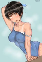 Rule 34 | 1girl, aqua background, arm support, arm up, armpits, arms behind back, arms up, ayumu (zenkou), black hair, blush, breasts, brown eyes, cameltoe, dated, dutch angle, covered erect nipples, food, impossible clothes, impossible shirt, large breasts, licking lips, muscular, one-piece swimsuit, one-piece tan, orange eyes, original, popsicle, shirt, short hair, skin tight, skindentation, solo, strap slip, sweat, swimsuit, tan, tanline, toned, tongue, tongue out, zenkou