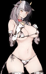 Rule 34 | 1girl, animal collar, animal ears, animal print, bell, bikini, black background, black hair, breasts, closed mouth, collar, commentary, cow ears, cow horns, cow print, cow print bikini, cow print gloves, cow print thighhighs, cow tail, cowbell, elbow gloves, fake animal ears, fake horns, fake tail, gloves, grey hair, hands on own breasts, hololive, hololive english, horns, large breasts, long hair, looking at viewer, multicolored hair, navel, print bikini, print gloves, print thighhighs, sak1 01, shiori novella, side-tie bikini bottom, smile, solo, split-color hair, string bikini, swimsuit, symbol-only commentary, tail, thighhighs, virtual youtuber, yellow eyes