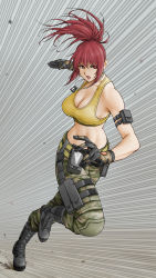 Rule 34 | 1girl, abs, ammunition pouch, armlet, bare shoulders, belt, biceps, breasts, camouflage, camouflage pants, dark persona, dog tags, earrings, gloves, highres, jewelry, leona heidern, midriff, military, military uniform, orochi leona, pants, ponytail, pouch, red eyes, red hair, sleeveless, snk, solo, tank top, the king of fighters, the king of fighters xiv, the king of fighters xv, triangle earrings, uniform, x chitch, yellow tank top
