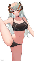 Rule 34 | 1girl, absurdres, arknights, black sports bra, breasts, choker, cleavage, cowboy shot, dutou, earrings, flexible, highres, horns, jewelry, large breasts, leg lift, leg up, long hair, looking at viewer, navel, outstretched arm, red eyes, saria (arknights), shorts, silver hair, simple background, solo, split, sports bra, sportswear, standing, standing on one leg, standing split, sweat, white background