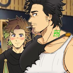 Rule 34 | 2boys, bara, black capelet, black clover, black hair, blush, breast envy, capelet, cigarette, facial hair, finral roulacase, from side, girl staring at guy&#039;s chest (meme), goatee, highres, kir (kir keropi), large pectorals, long sideburns, looking at another, looking down, male focus, mature male, meme, multiple boys, muscle envy, muscular, muscular male, pectoral focus, pectorals, short hair, sideburns, spiked hair, upper body, yami sukehiro, yaoi