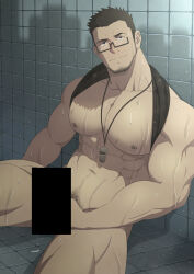 Rule 34 | 1boy, abs, absurdres, bar censor, bara, bare pectorals, beard, biceps, bottomless, censored, clothes lift, coach, facial hair, feet out of frame, glasses, goatee, highres, large pectorals, looking at viewer, male focus, male masturbation, male pubic hair, masturbation, mature male, muscular, muscular male, naked shirt, navel, navel hair, nipples, original, oro9, paid reward available, pectorals, penis grab, pubic hair, shirt, shirt behind neck, shirt lift, short hair, shower (place), sideburns, sitting, smile, solo, stomach, stubble, thick eyebrows, thick thighs, thighs, wet, whistle, whistle around neck