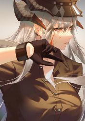 Rule 34 | 1girl, arknights, black gloves, black hat, black shirt, blood, blood on face, breasts, commentary, dragon horns, earclip, gloves, grey background, grey hair, hair between eyes, hand up, hat, highres, horns, kernel killer, large breasts, long hair, looking afar, official alternate costume, orange eyes, partially unbuttoned, revision, saria (arknights), saria (the law) (arknights), shirt, simple background, solo, symbol-only commentary, upper body