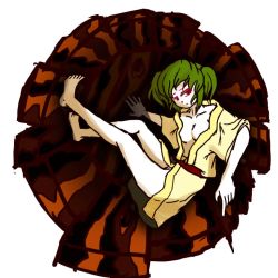 Rule 34 | 1girl, barefoot, belt, breasts, bucket, cleavage, collarbone, feet against wall, feet up, from side, full body, green hair, justin hsu, kisume, legs, legs up, looking to the side, open clothes, open robe, perspective, red eyes, robe, round image, simple background, sitting, solo, thighs, touhou, two side up, white background
