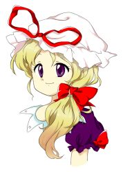 Rule 34 | 1girl, blonde hair, bow, closed mouth, hair bow, hat, hat ribbon, long hair, low side ponytail, mob cap, nonamejd, official style, puffy short sleeves, puffy sleeves, purple eyes, red bow, red ribbon, ribbon, short sleeves, side ponytail, simple background, smile, solo, touhou, upper body, white background, white hat, yakumo yukari, zun (style)