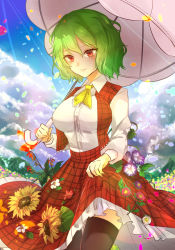 Rule 34 | 1girl, ascot, black thighhighs, blush, breasts, closed mouth, clothes lift, collared shirt, commentary request, day, flower, frilled skirt, frills, garden of the sun, green hair, kazami yuuka, konnyaku (yuukachan 51), large breasts, lifting own clothes, long sleeves, looking at viewer, open clothes, open vest, parasol, plaid, plaid skirt, plaid vest, red eyes, shirt, short hair, skirt, skirt lift, skirt set, smile, solo, sunflower, sunlight, thighhighs, touhou, umbrella, vest, white shirt