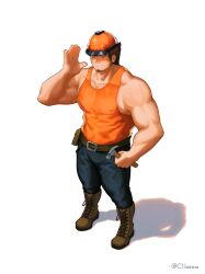 Rule 34 | 1boy, absurdres, bare arms, belt, cliosow, construction worker, covered erect nipples, facial hair, hammer, hand up, hard hat, helmet, highres, holding, holding hammer, large pectorals, long sideburns, looking at viewer, male focus, mature male, muscular, muscular male, orange tank top, original, pants, pectoral cleavage, pectorals, short hair, sideburns, sideburns stubble, sidepec, solo, standing, stubble, tank top, thick eyebrows