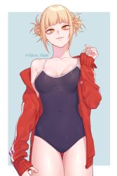Rule 34 | 10s, 1girl, bad id, bad pixiv id, blonde hair, blue one-piece swimsuit, blunt bangs, boku no hero academia, breasts, cleavage, competition school swimsuit, covered navel, cowboy shot, double bun, female focus, hair bun, highres, looking at viewer, medium breasts, messy hair, mizuki mau, one-piece swimsuit, parted lips, school swimsuit, short hair, single bare shoulder, solo, standing, swimsuit, thighs, toga himiko, yellow eyes