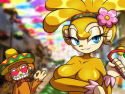 Rule 34 | 1boy, 1girl, amiga, amigo, artist name, blue eyes, breasts, brother and sister, brown hair, cleavage, covering privates, earrings, flower, flower on head, furry, hair ornament, heart, heart-shaped pupils, highres, jewelry, large breasts, monkey boy, monkey girl, ok sign, samba de amigo, sega, shiny skin, siblings, sky light, sonic (series), symbol-shaped pupils, topless