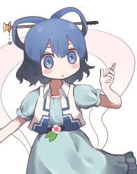 Rule 34 | 1girl, blue dress, blue eyes, blue hair, blush, c2ix7, chibi, closed mouth, cowboy shot, dress, hair ornament, hair rings, hair stick, hand up, highres, kaku seiga, open clothes, open vest, puffy short sleeves, puffy sleeves, shawl, short hair, short sleeves, simple background, solo, touhou, vest, white background, white vest