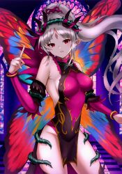 Rule 34 | 1girl, breasts, butterfly wings, crown of thorns, diamond facial mark, facial mark, fairy, fairy wings, fire emblem, fire emblem heroes, forehead mark, grey hair, hair vines, hakutou2020, highres, insect wings, large breasts, leotard, mosaic background, nintendo, pelvic curtain, plant, plant hair, plumeria (fire emblem), pointy ears, red eyes, red leotard, thorns, torn belt, vines, wings