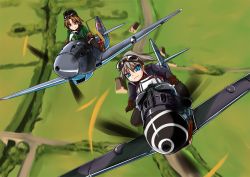 Rule 34 | 2girls, aircraft, airplane, bf 109, boots, braid, brown hair, flying, from above, goggles, goggles on head, long hair, military, multiple girls, original, riding, tokihama jirou, vehicle focus, world war ii, yakovlev yak-9